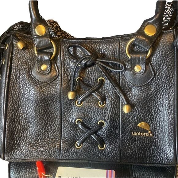Watersun Australia nwt black leather tote laced up w gold hardware edgy moto - Picture 2 of 9